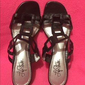 Black leather-like sandals. 2” heels